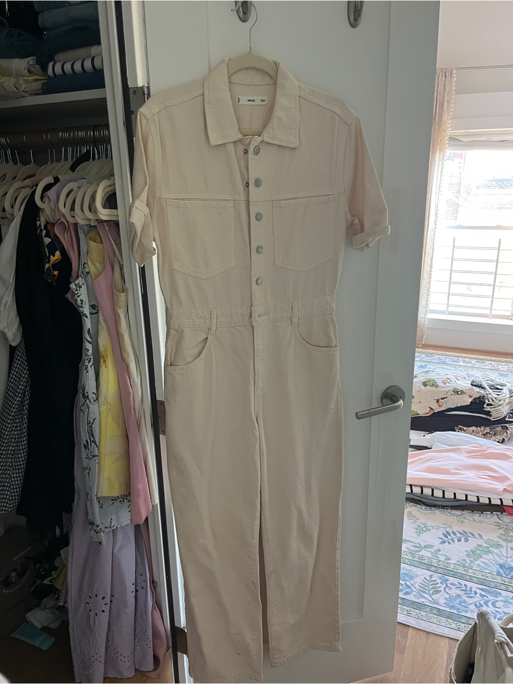 Mango Cream Short-Sleeve Denim Jumpsuit